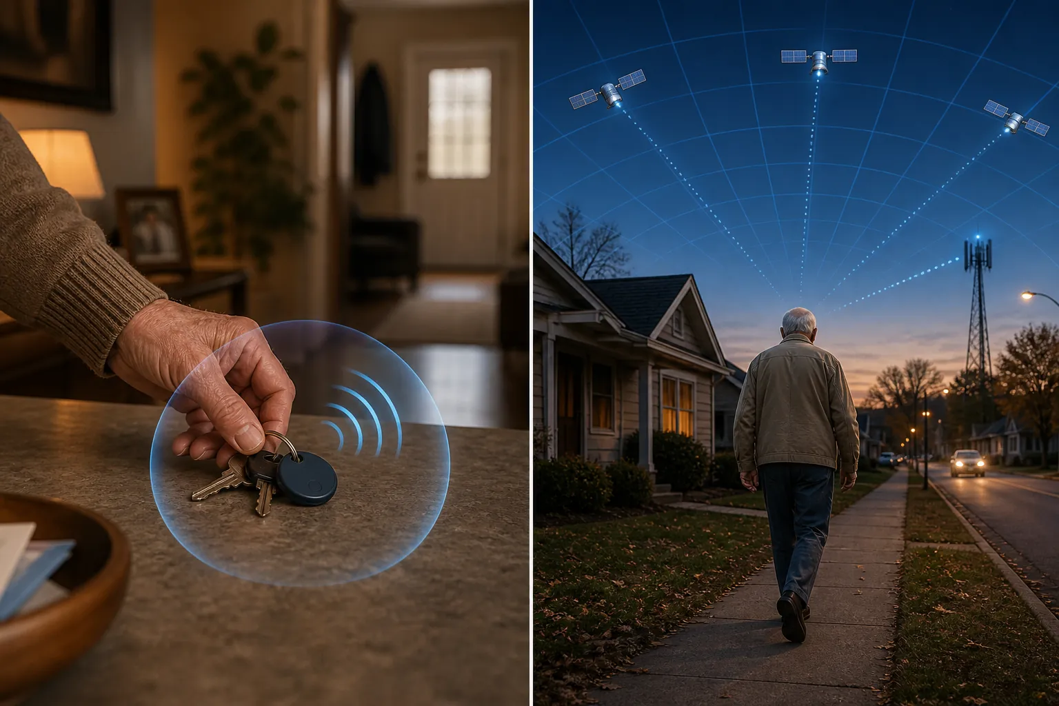 Split illustration showing a Bluetooth tag for close-range item finding indoors and GPS cellular tracking for outdoor wandering