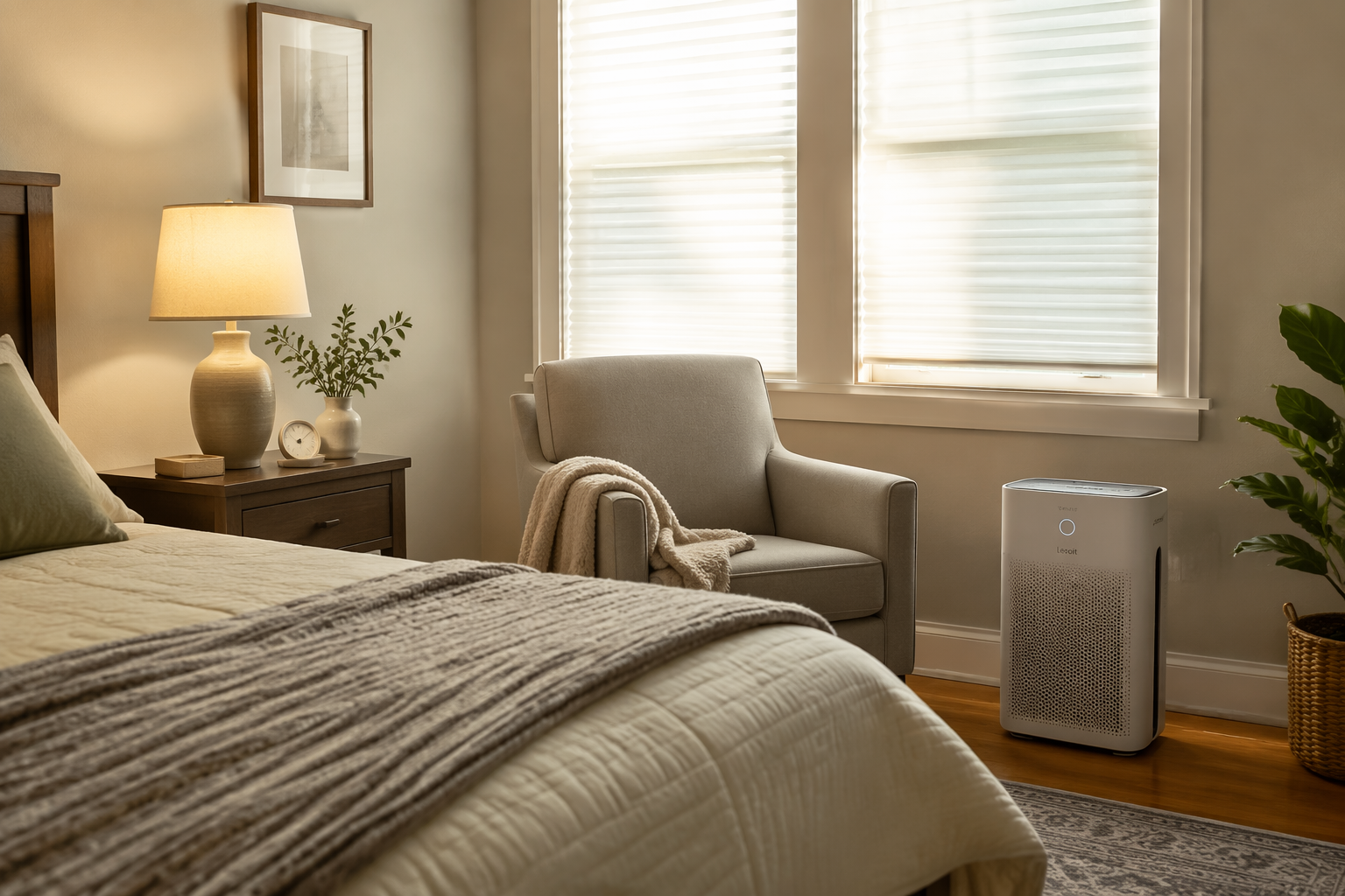 Calm bedroom with closed windows and an air purifier in the corner