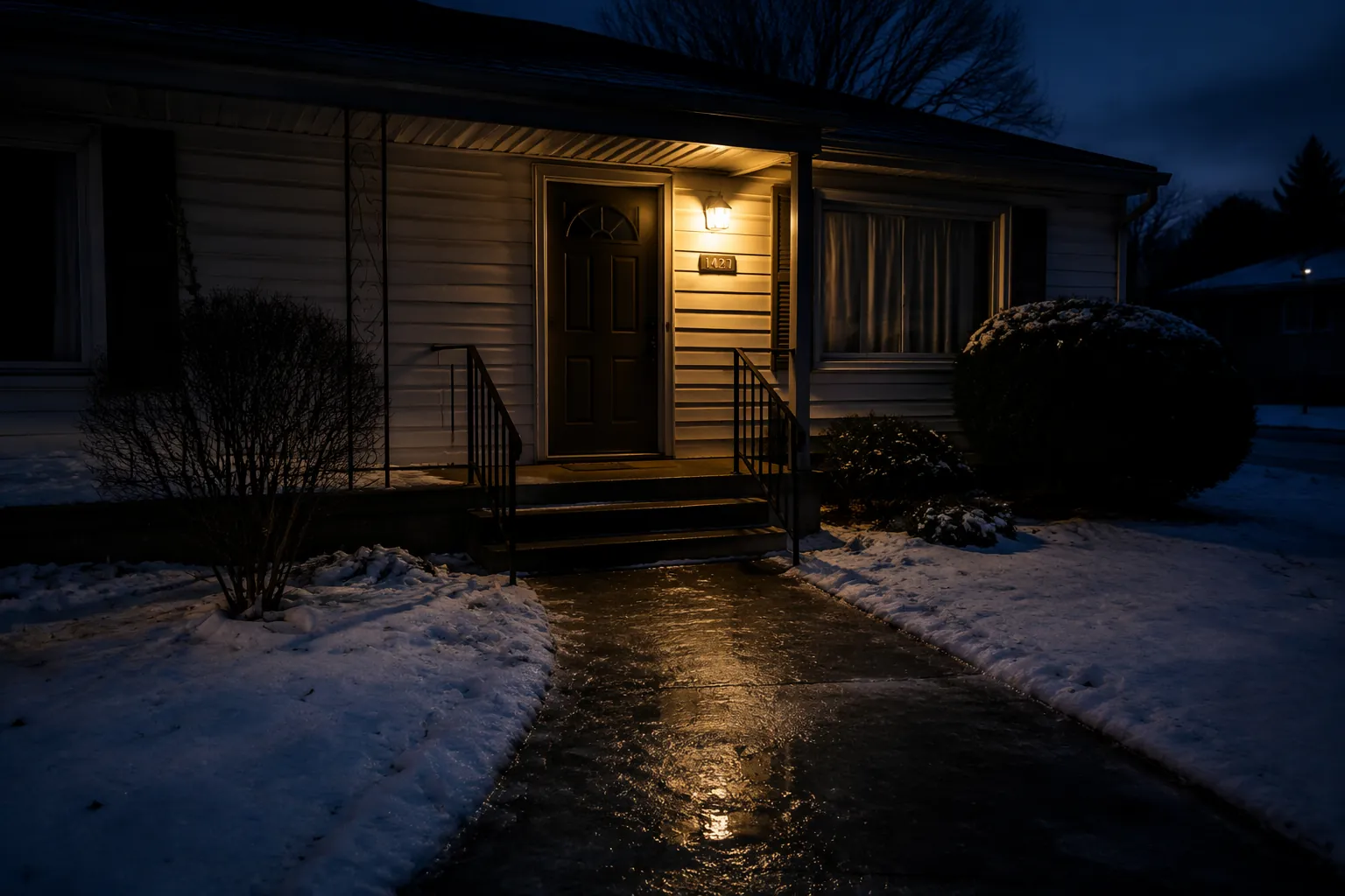 A dimly lit home entrance on a dark winter morning with snow, shadowed steps, and an icy walkway
