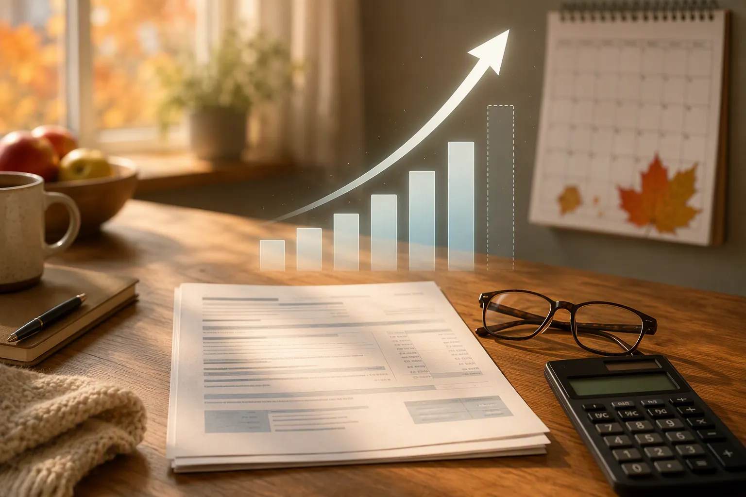 Monthly benefit statement with a calculator, reading glasses, calendar, and projected increase chart