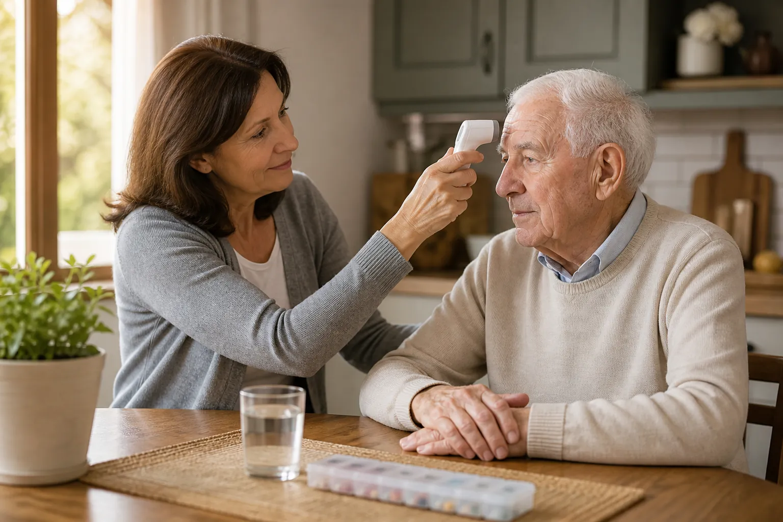 An adult daughter calmly checks her elderly father's temperature at a kitchen table with a pill organizer nearby