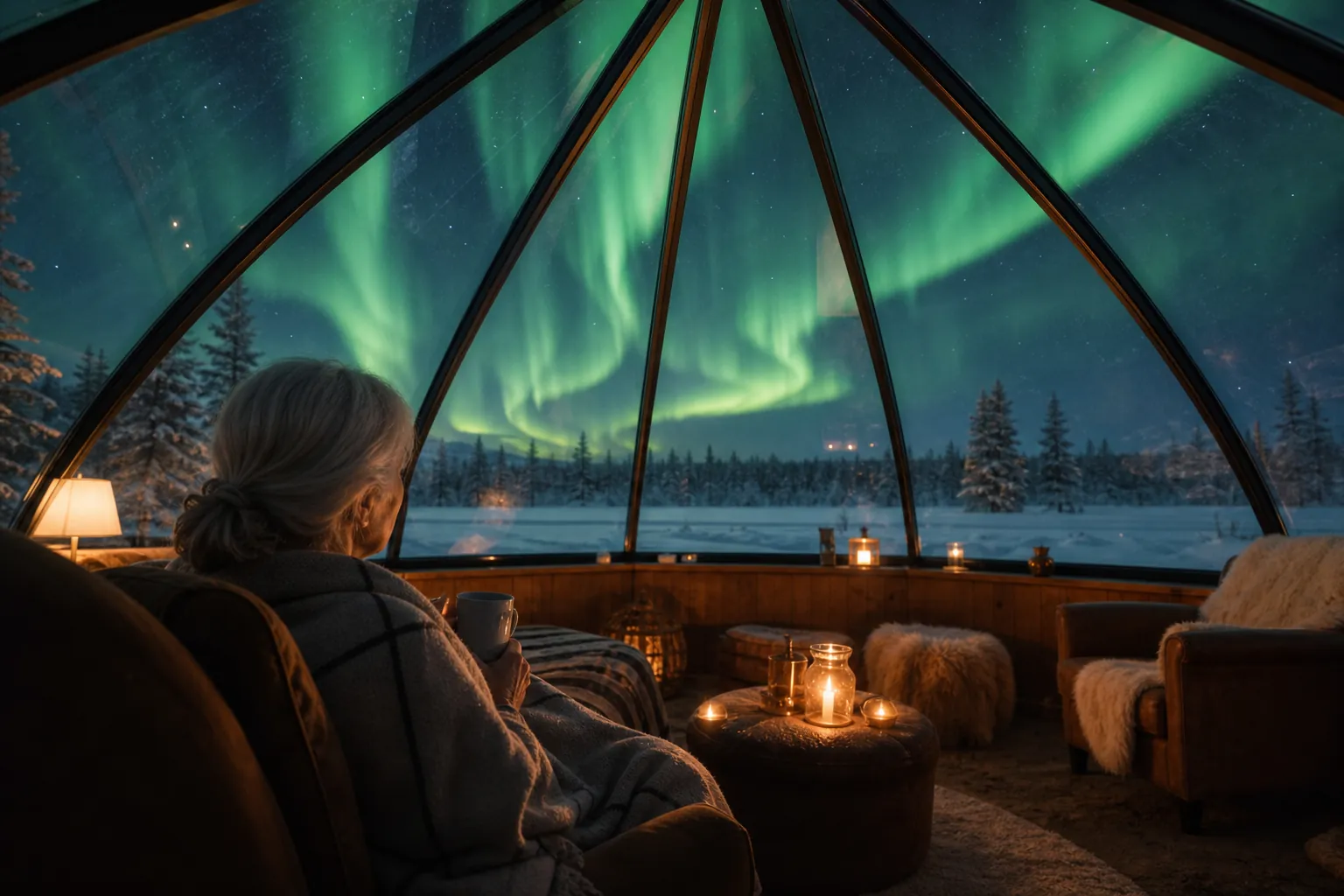 Older adult watching the northern lights from inside a warm glass-domed viewing lounge