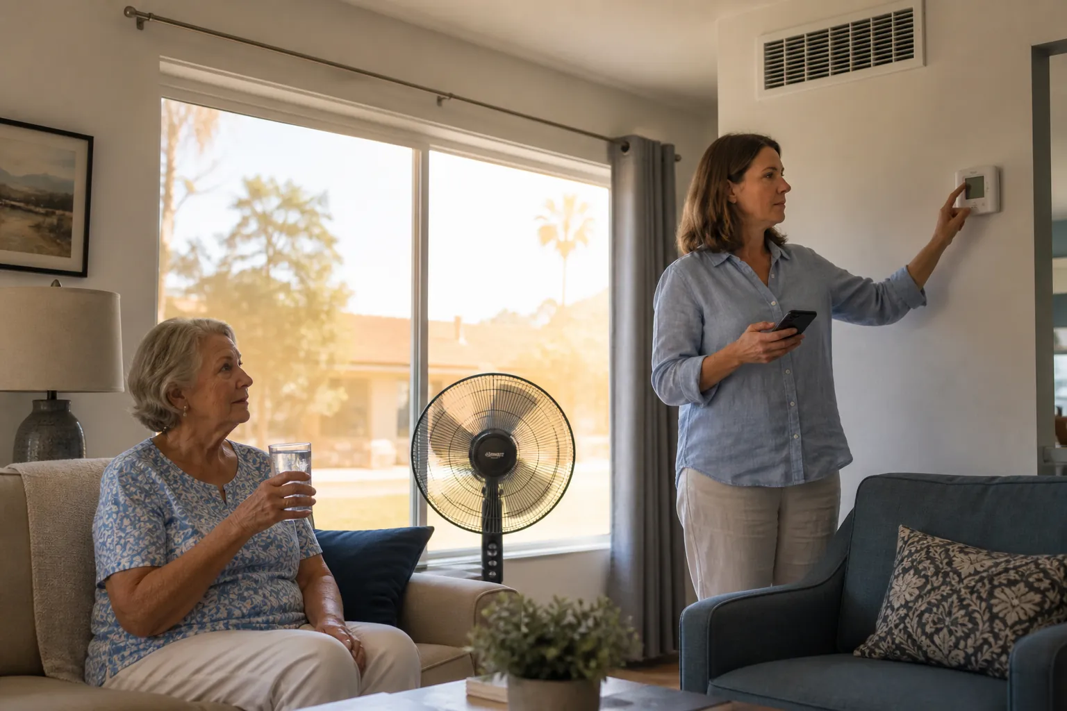Adult daughter checking the thermostat while her elderly mother sits with water during a heat wave