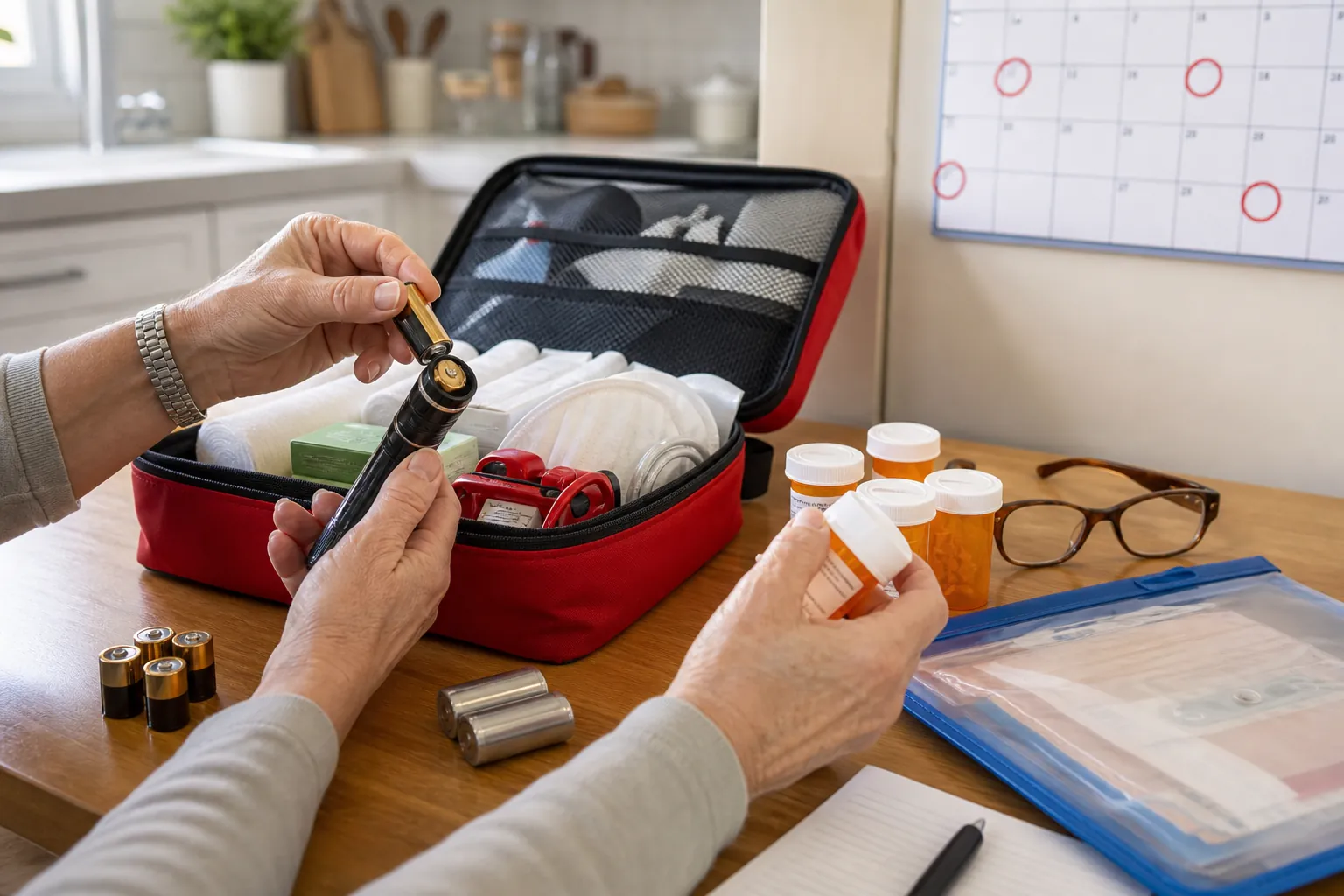Six-month emergency-kit review with hands replacing flashlight batteries and checking medication expiration dates beside a calendar and waterproof document folder