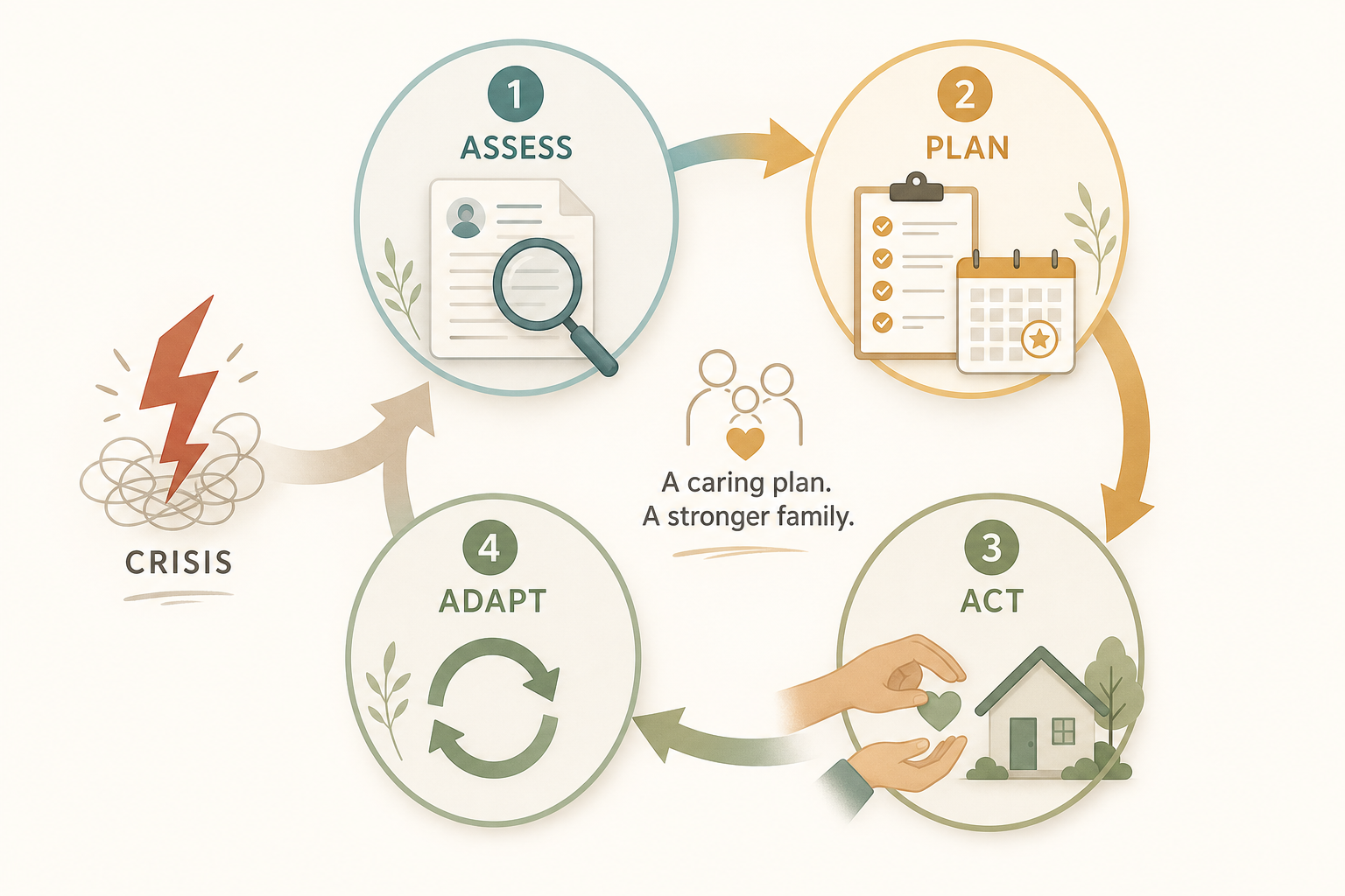 A circular four-phase diagram: Assess (magnifying glass), Plan (checklist), Act (hands and home), Adapt (refresh cycle), with a crisis icon flowing into the cycle.