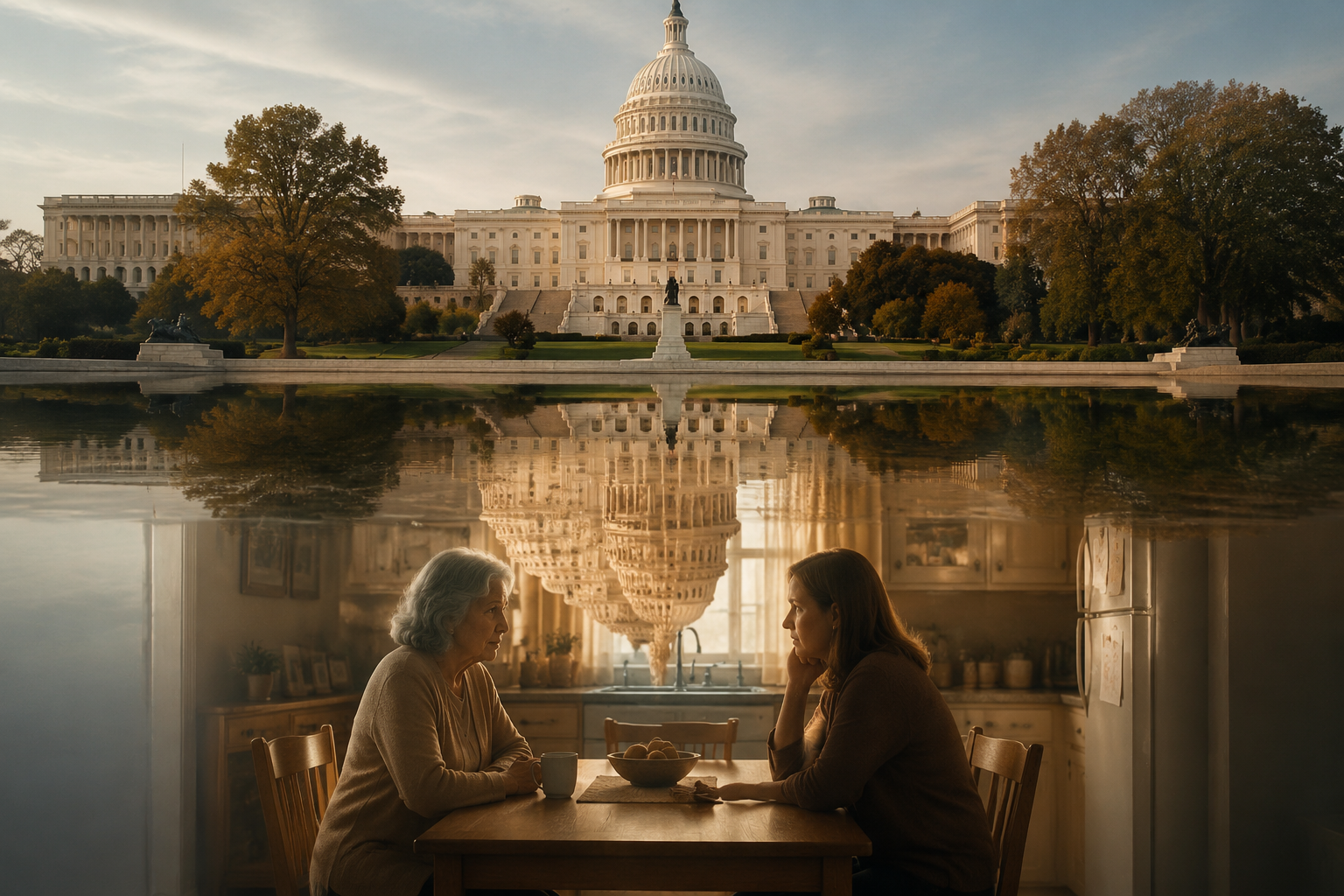 The US Capitol reflected into a family kitchen where an adult child and older parent sit together