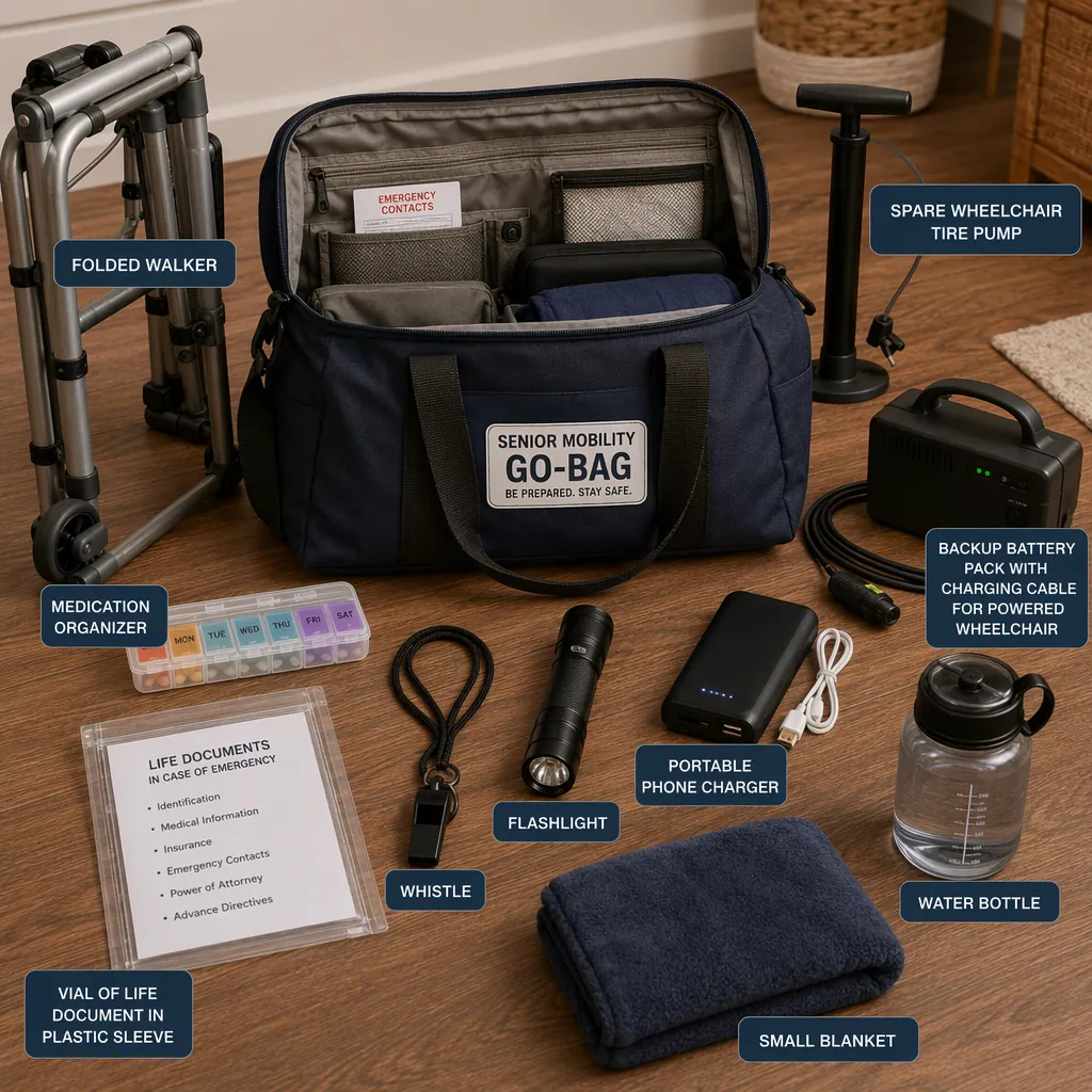 An organized emergency go-bag with mobility and medical supplies including a walker, wheelchair pump, backup battery, medication organizer, vial of life document, flashlight, charger, water, and blanket.