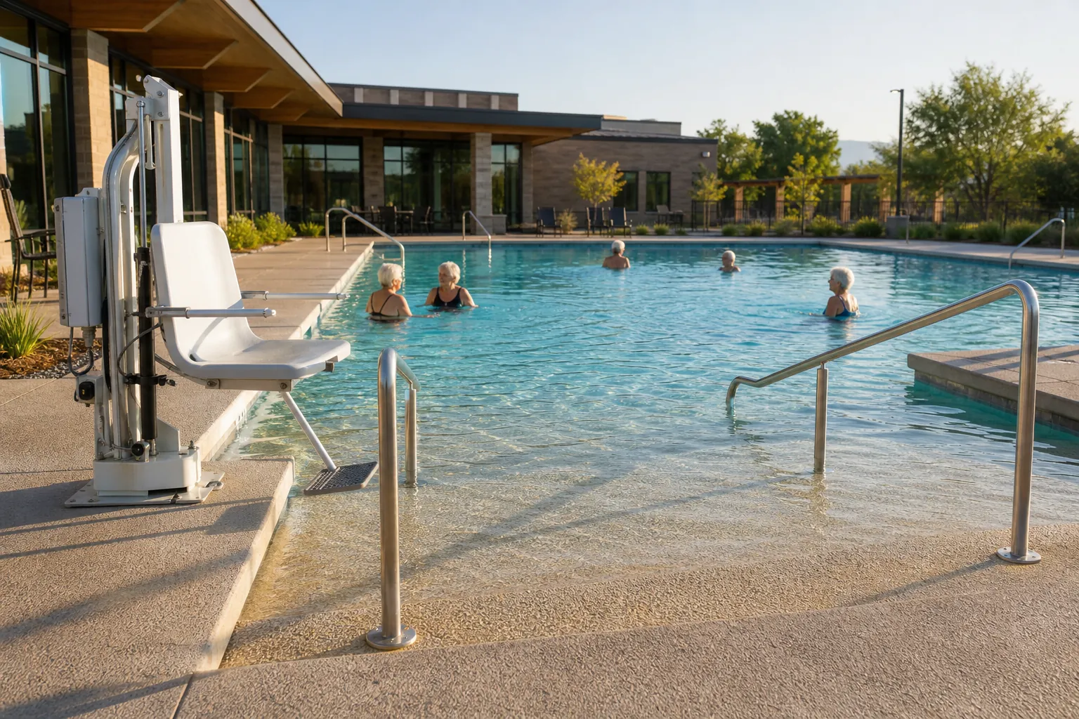 Community pool with a sloped zero-entry section, handrails, a pool lift, and older adults swimming