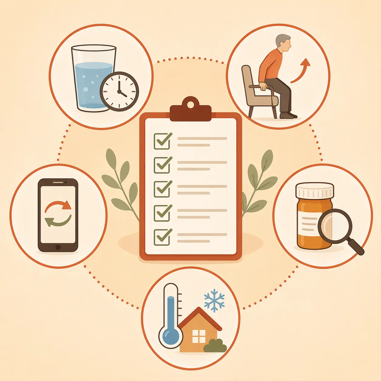 Checklist for hydration, slow standing, phone check-ins, medication review, and cooling plan