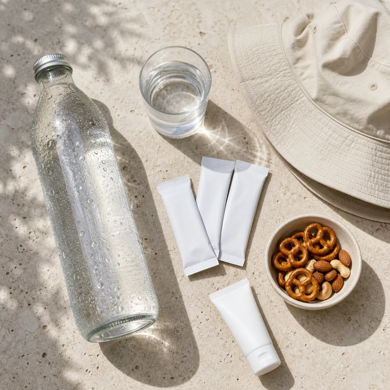 Hydration kit with water, oral rehydration sachets, salted snacks, hat, and sunscreen on a stone table