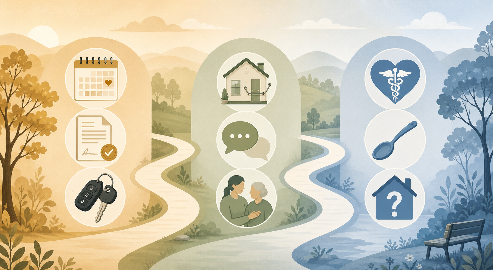 An editorial infographic-style illustration showing three stages of dementia caregiving connected by a flowing path, with icons representing early, middle, and late stage priorities.