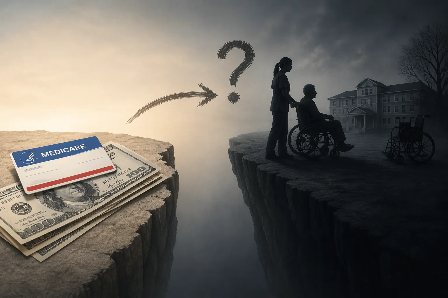 Medicare card and modest healthcare estimate beside a larger shadowed area showing home care, nursing home, and wheelchair silhouettes