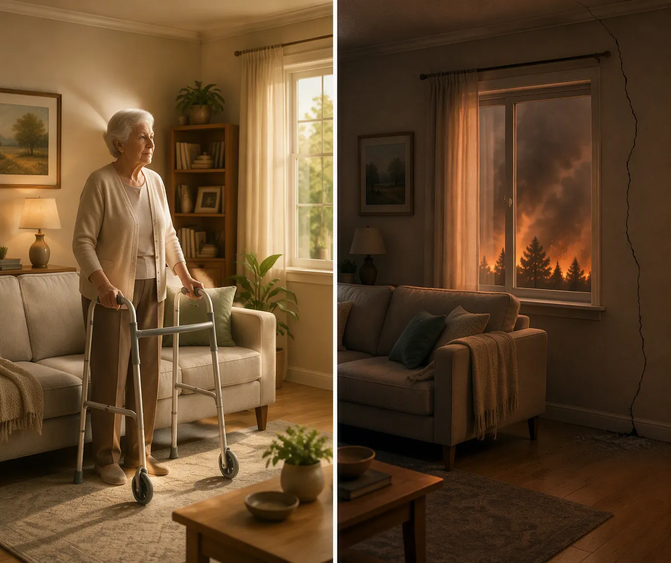 Split scene showing an older woman with a walker staying in a safe room on one side and fire or smoke danger on the other