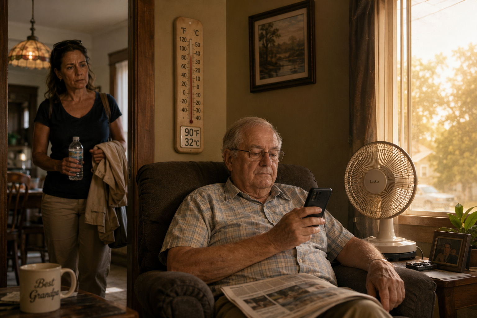 Older man sitting calmly in a hot living room while his adult daughter notices the danger