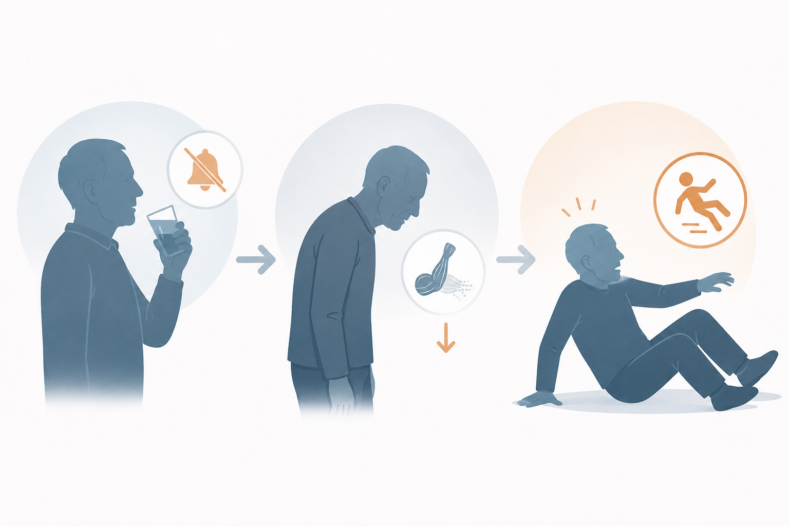 Educational diagram showing thirst awareness leading to weakness and fall hazard in older adults