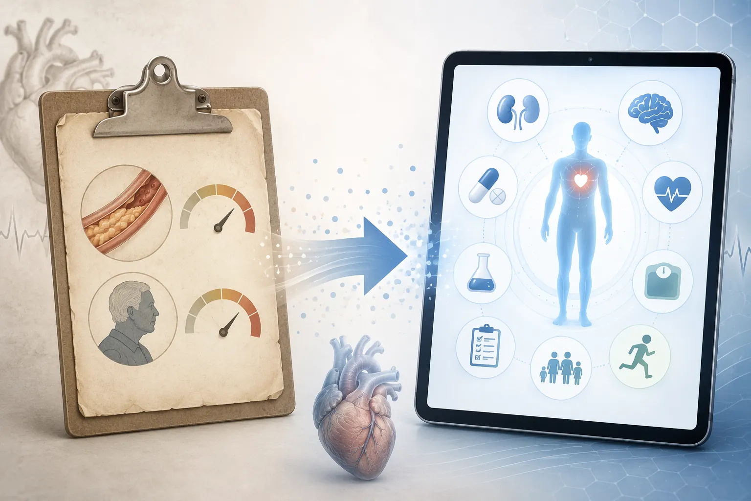 Illustration comparing older cholesterol-based risk assessment with a broader modern risk calculator