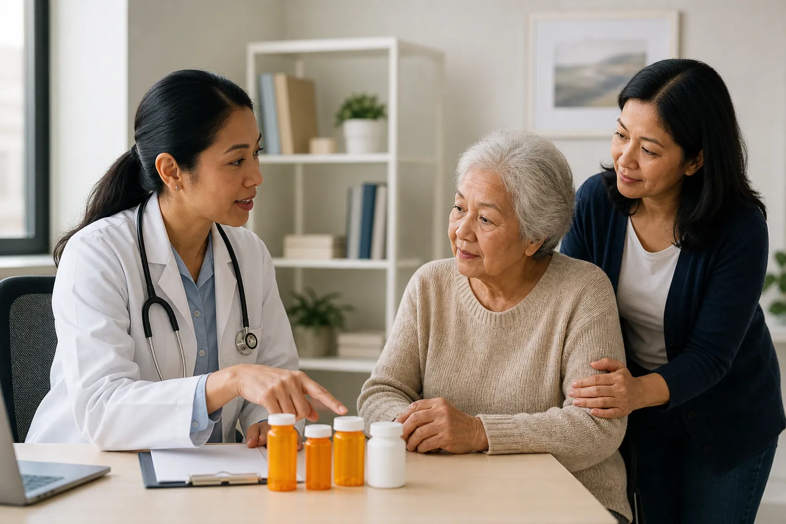 Doctor reviewing prescription medication bottles with an elderly patient and adult daughter