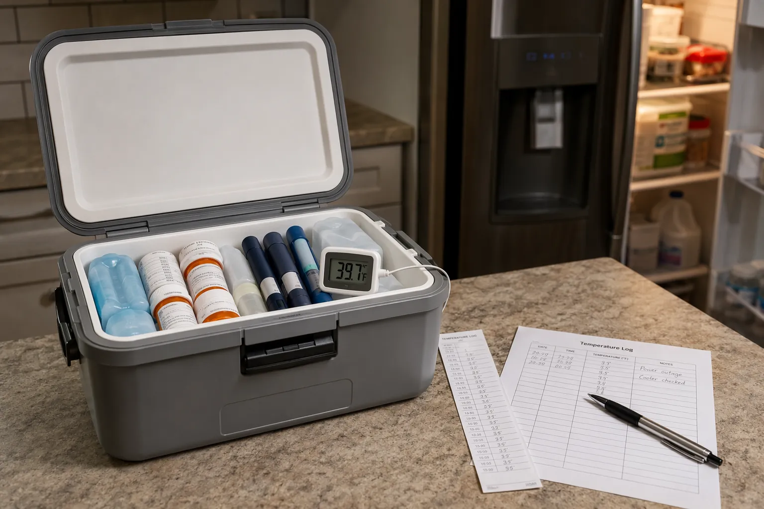 Cooler with insulin pens, prescription bottles, ice packs, thermometer probe, temperature log strip, and log sheet
