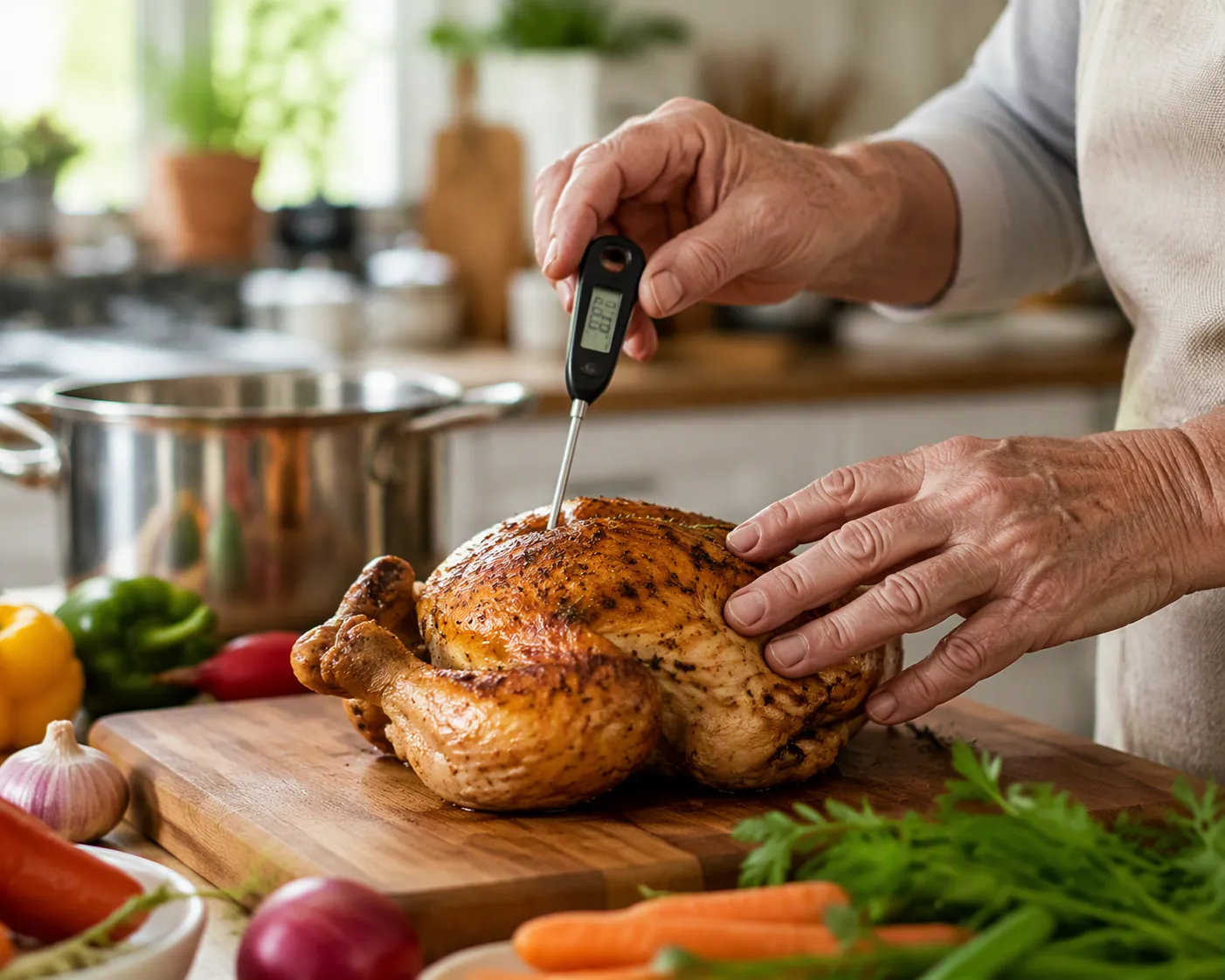 Older adult using a digital meat thermometer to check a whole roasted chicken in a home kitchen