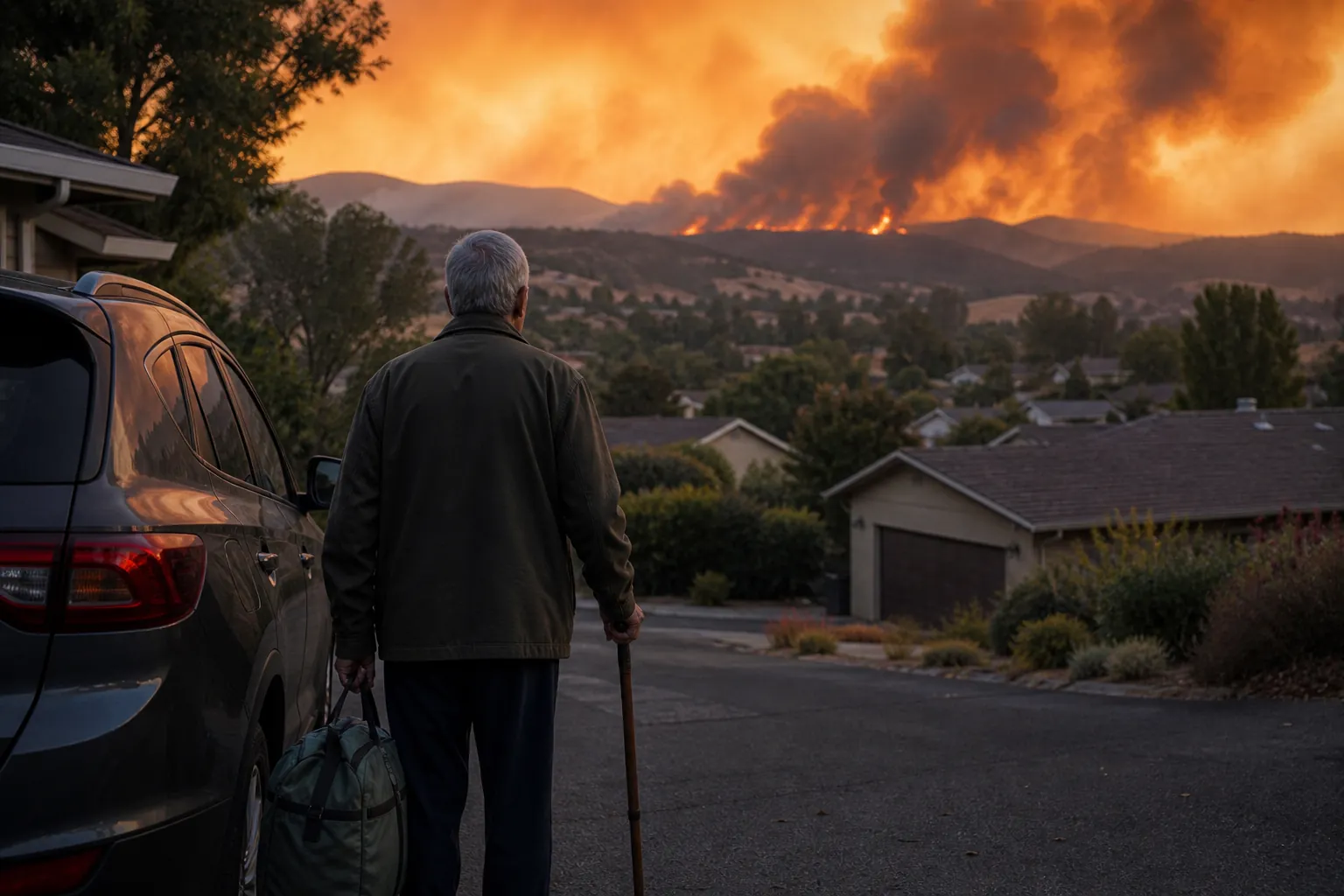 Older adult with a cane and packed bag standing beside a car as wildfire smoke rises at dusk