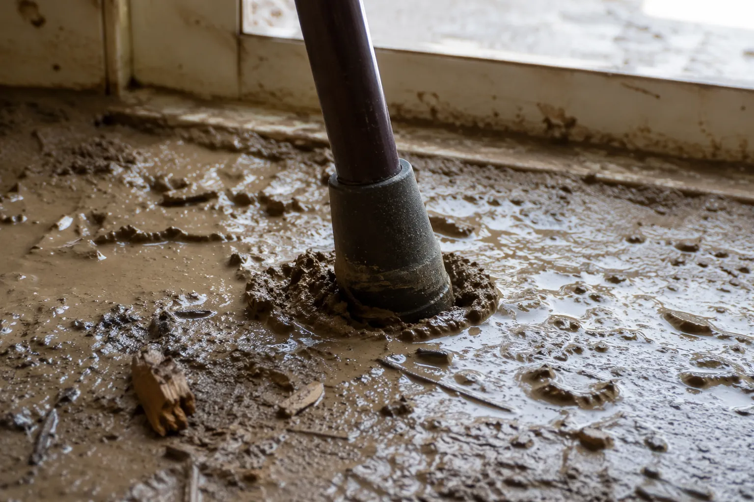 Cane tip pressing into wet muddy flood residue on a slippery floor