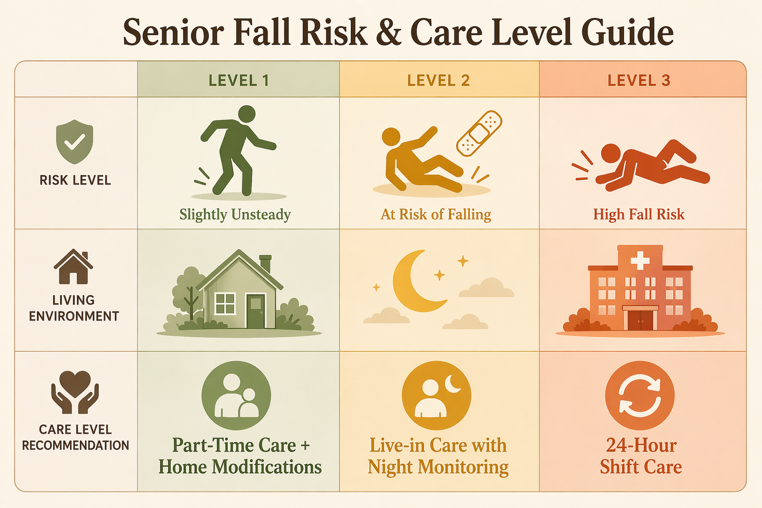 A three-column editorial grid showing Level 1 in green, Level 2 in amber, Level 3 in warm orange-red, each with a summary of fall risk and care model.