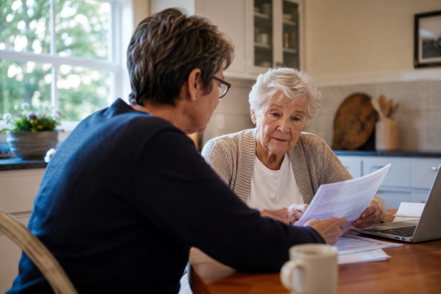 Adult child and elderly parent reviewing medical papers and a laptop at a kitchen table