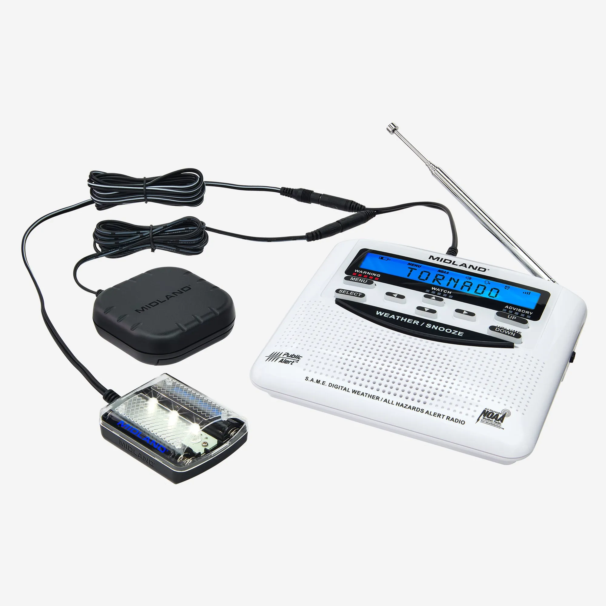 NOAA weather alert radio with strobe light attachment and pillow shaker