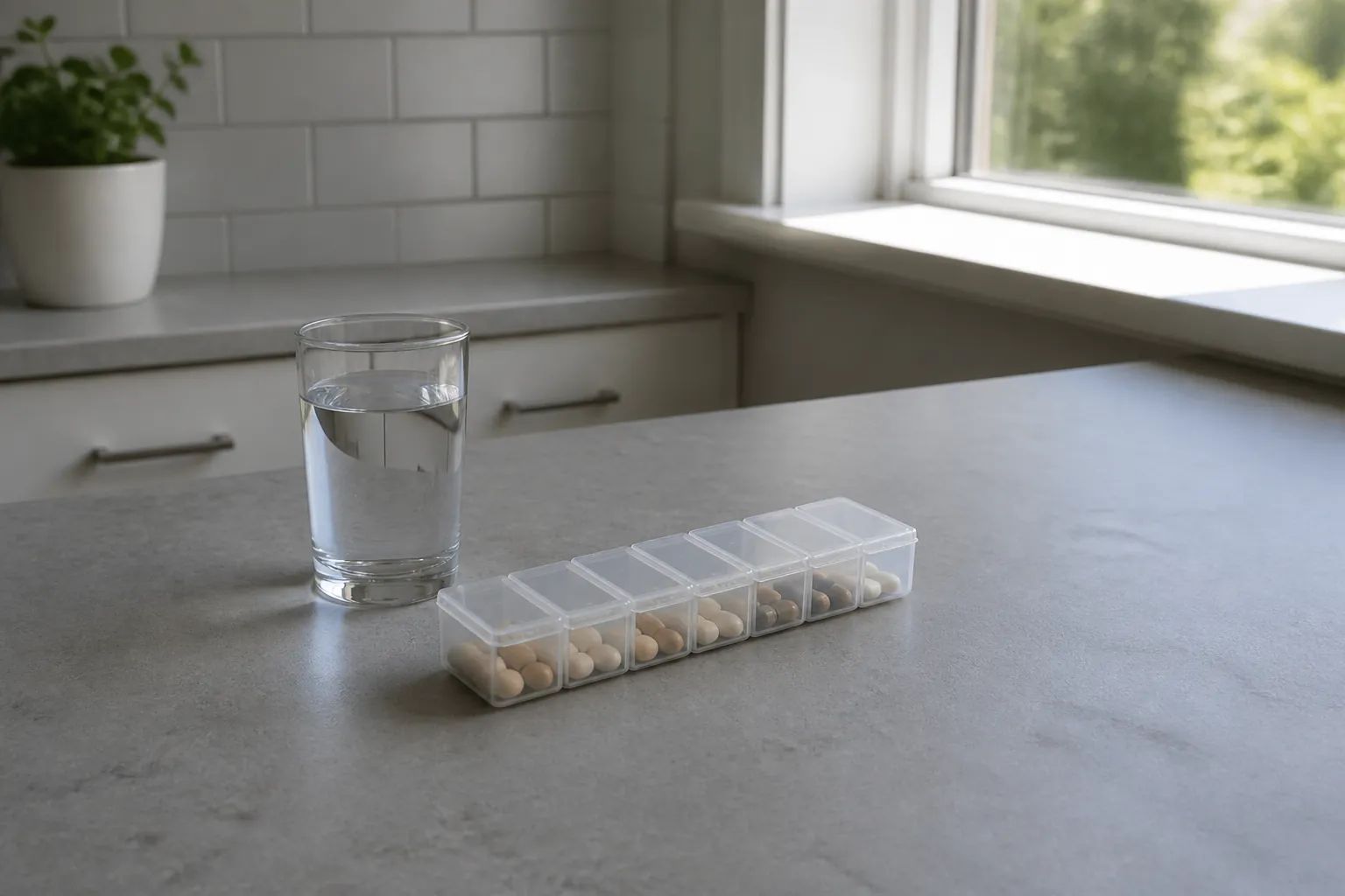 Weekly pill organizer on a shaded kitchen counter away from direct summer sunlight