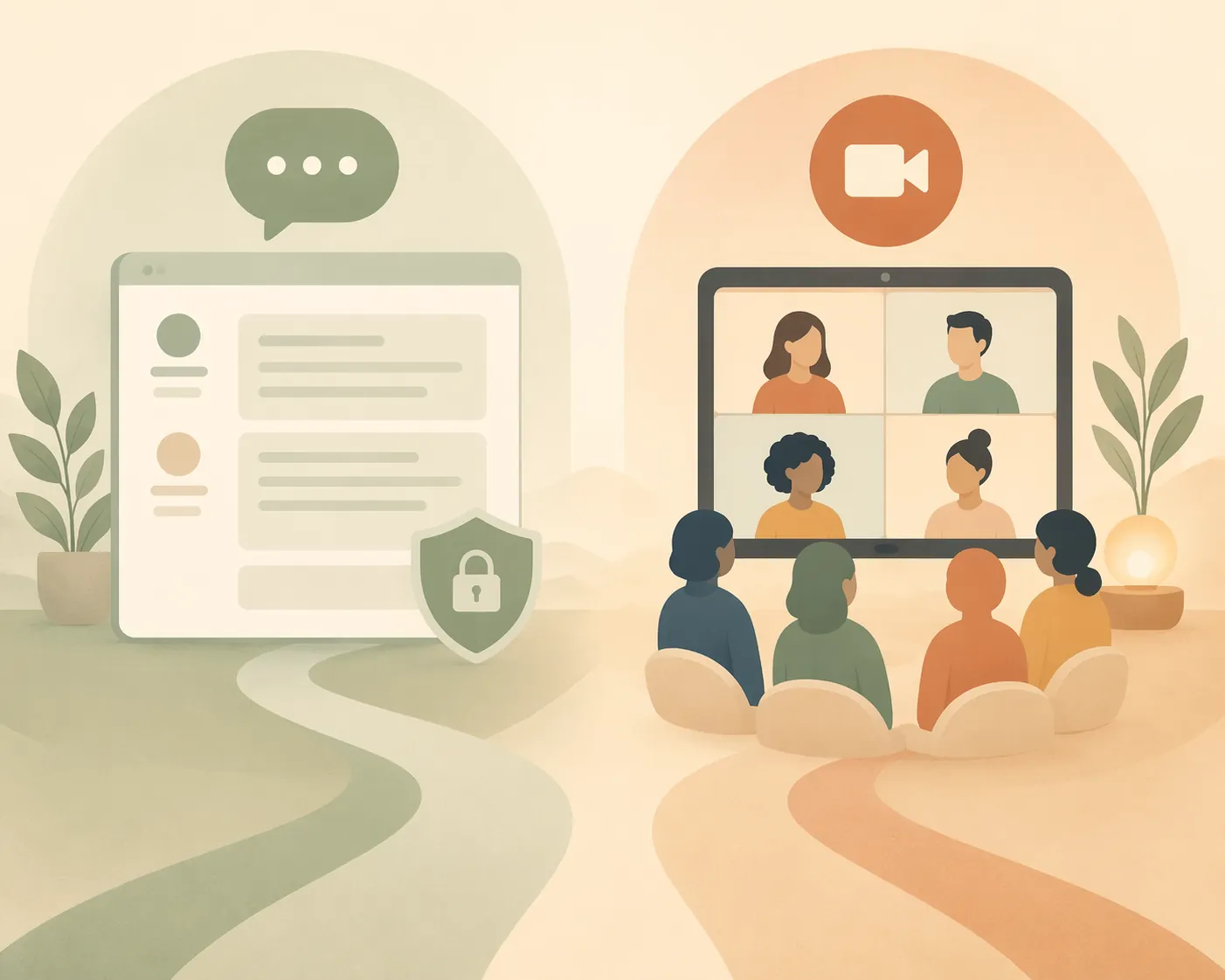 Illustration contrasting a text-based forum with a live video support group