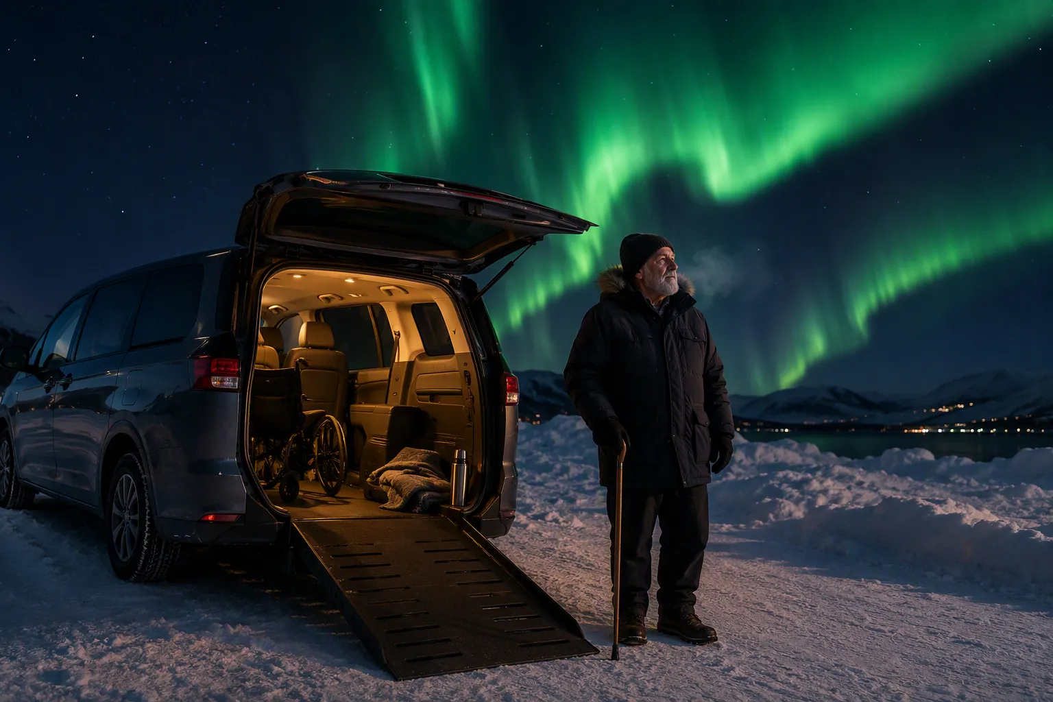 Wheelchair-accessible van with rear ramp lowered in a snowy aurora viewing area