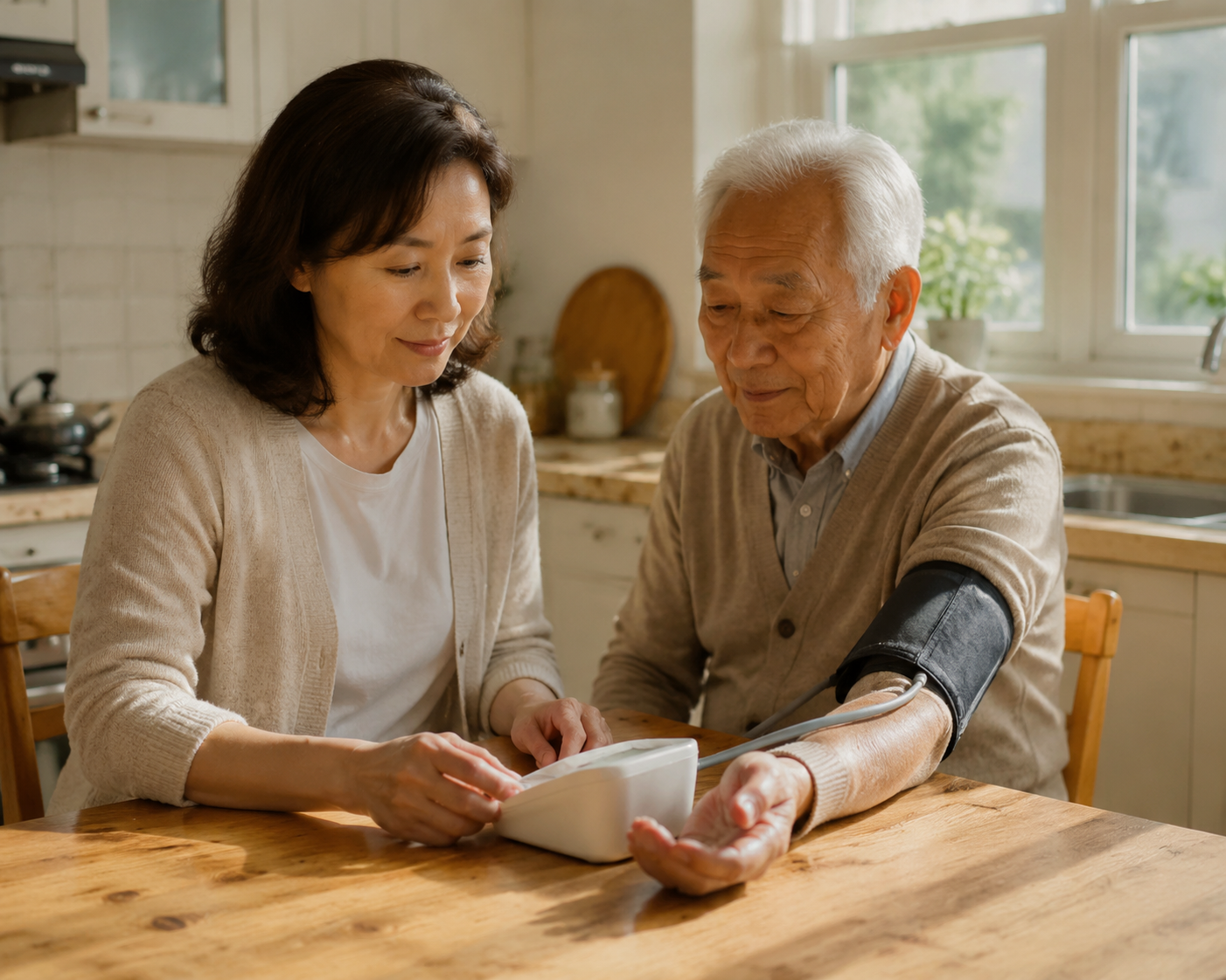 Adult daughter helping her elderly father check blood pressure with a home monitor at a kitchen table
