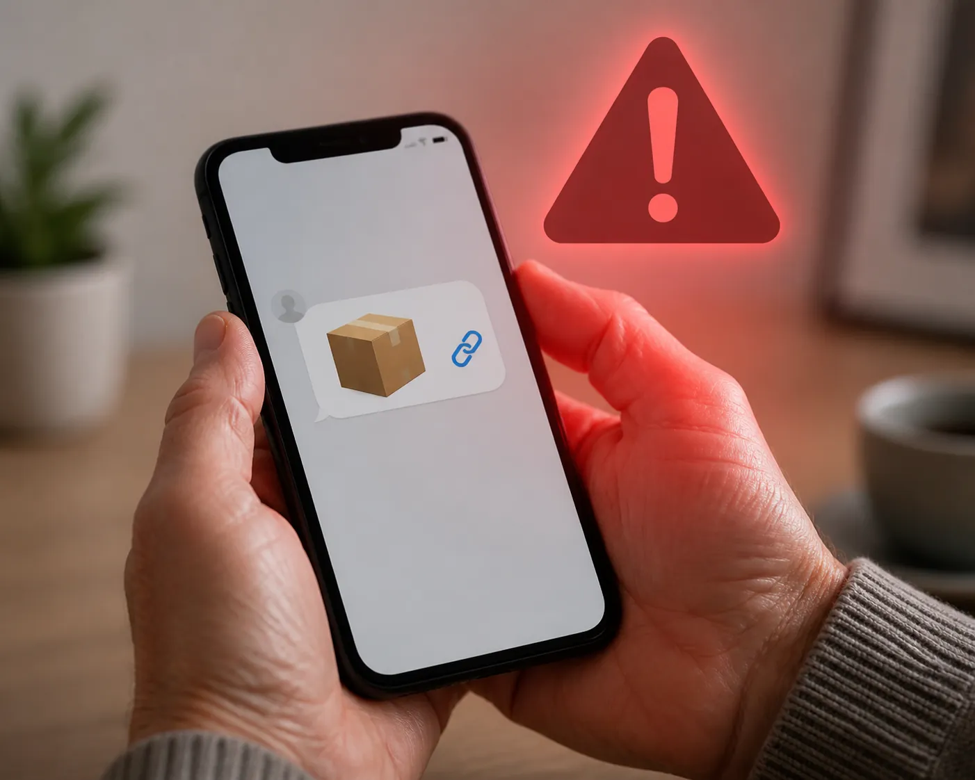 Older adult holding a smartphone with a suspicious package message and warning symbol