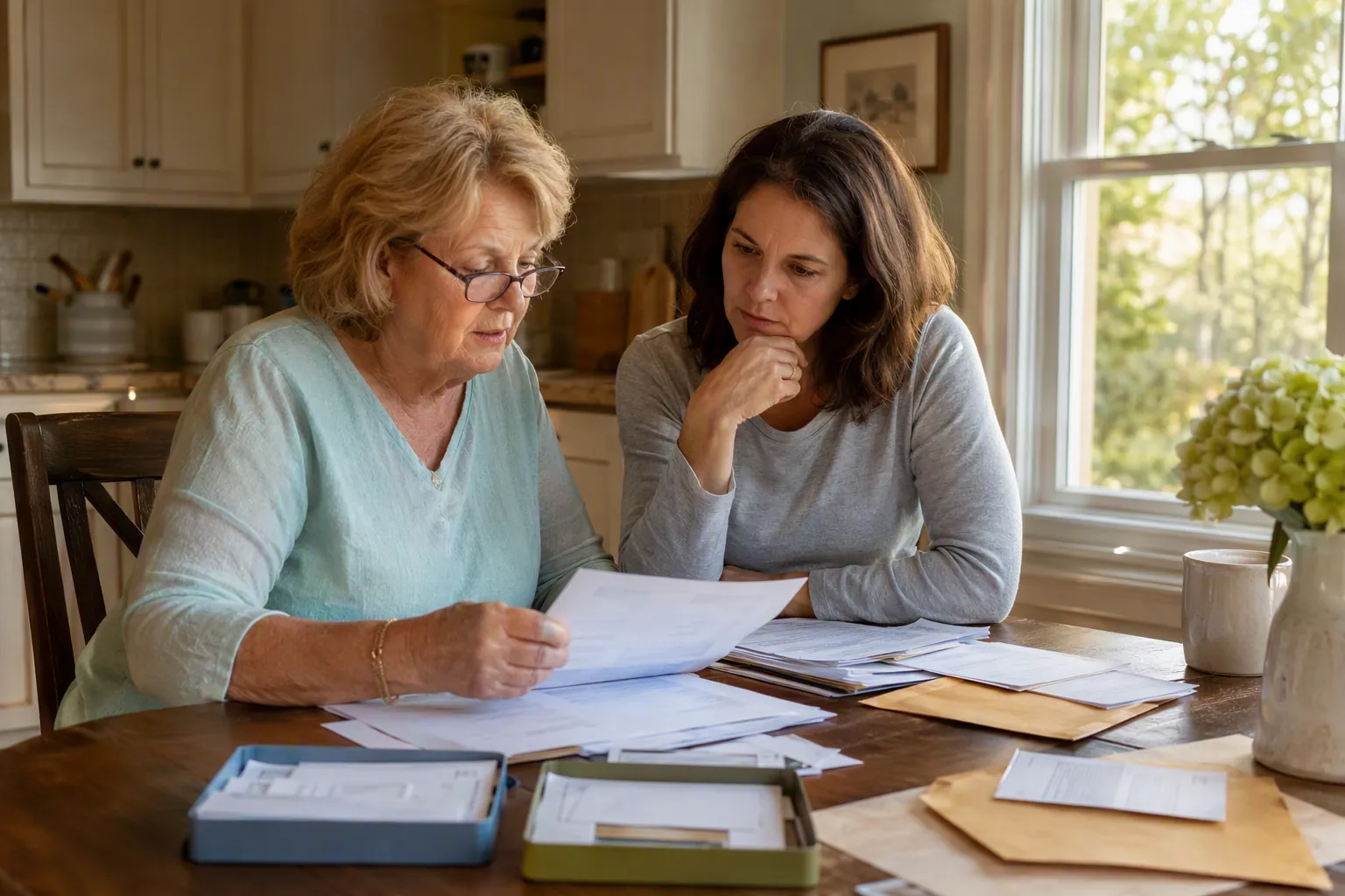 Older woman and adult daughter sorting Medicare documents at a kitchen table in Georgia