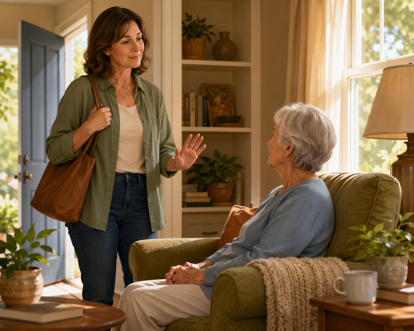 An adult child in their 40s stands at a doorway of a cozy living room, speaking calmly to an elderly parent seated in an armchair. The adult child's hand is raised in a kind, clear gesture. Soft window light. Warm earth tones of sage green, warm tan, and muted blue.