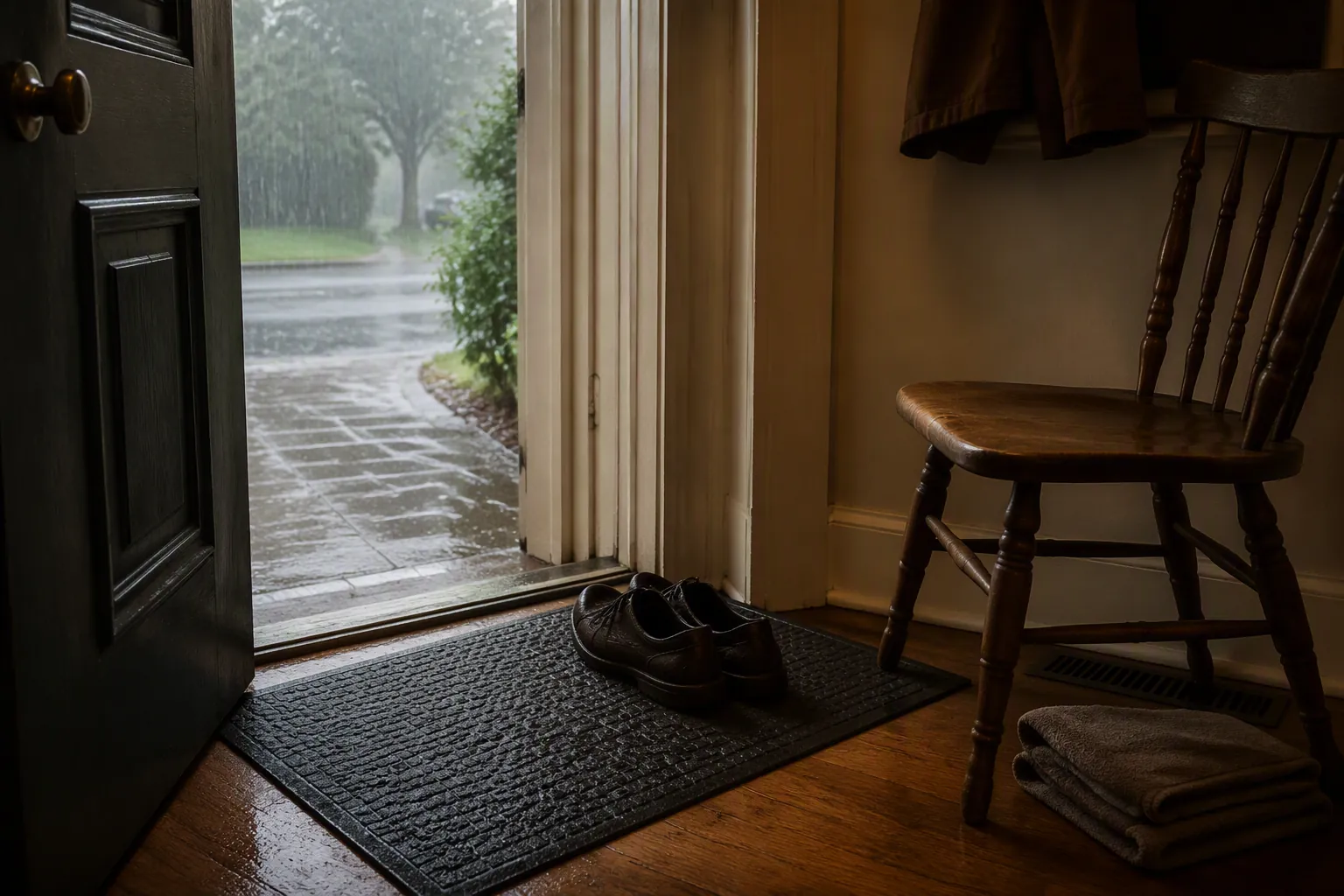 Entryway during heavy rain with wet shoes on a rubber-backed mat, a chair, and a folded towel by the door