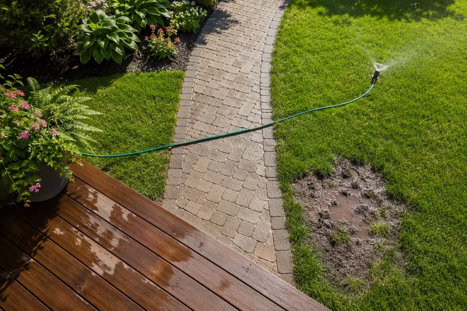 Garden path with summer fall hazards including a hose, sprinkler head, wet deck, and muddy lawn patch