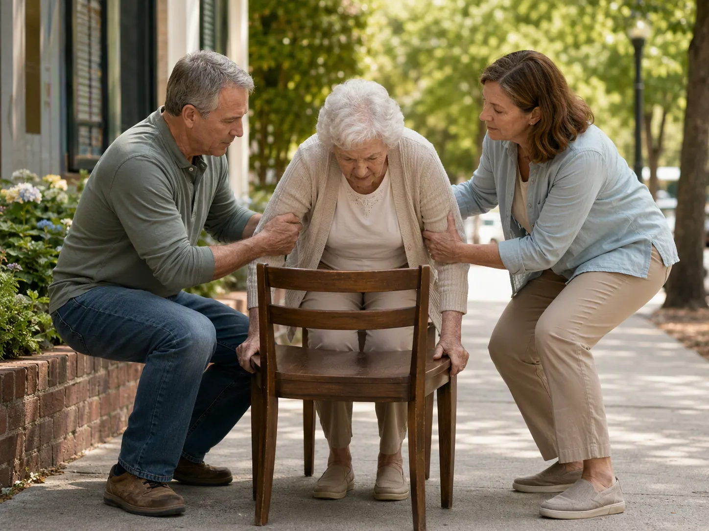 Two helpers providing a coordinated lift assist while an older woman pushes from a sturdy chair