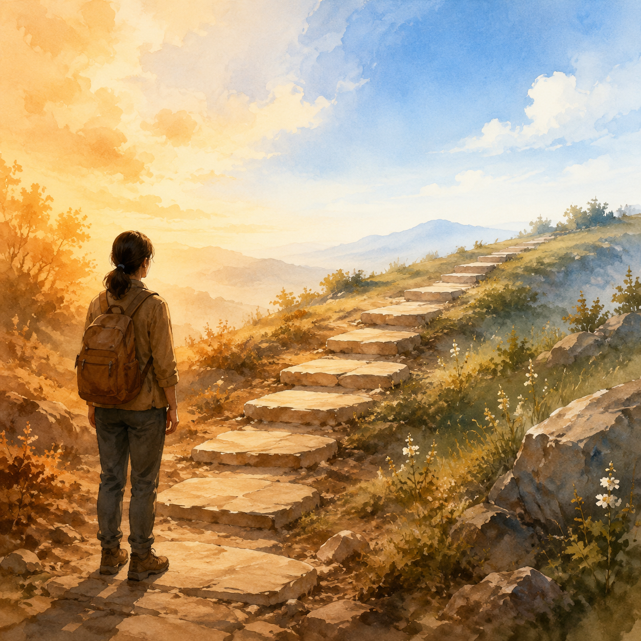 Illustration of a lone figure facing a winding stepped path toward a calm horizon