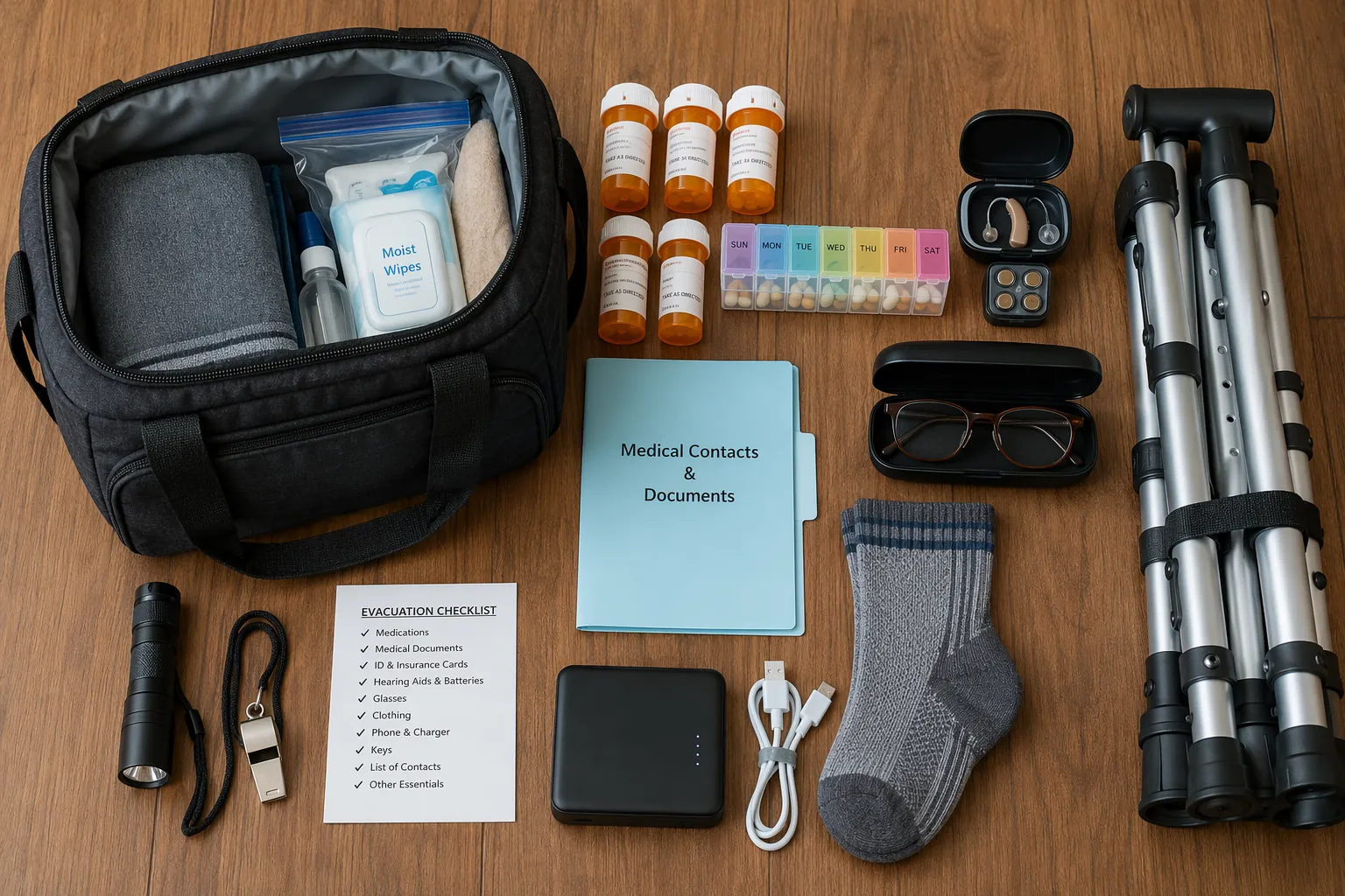 Senior-specific evacuation go-bag with prescription bottles, pill organizer, hearing aid case, glasses, medical contacts folder, flashlight, battery pack, and mobility cane