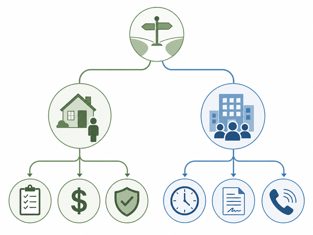 A two-branch decision tree comparing private hiring and agency hiring with icons for each path.