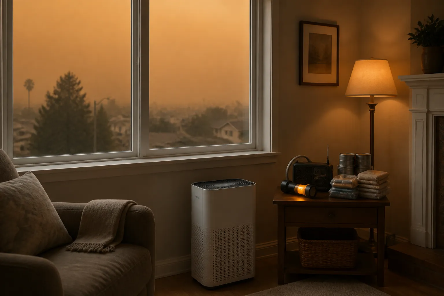 Well-lit living room with a sealed window, air purifier, flashlight, battery radio, and supplies ready before a dust storm