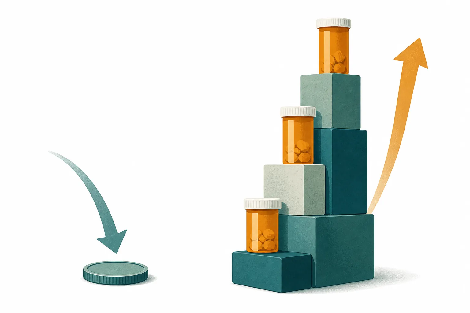 Abstract comparison of a falling coin and rising medication cost blocks