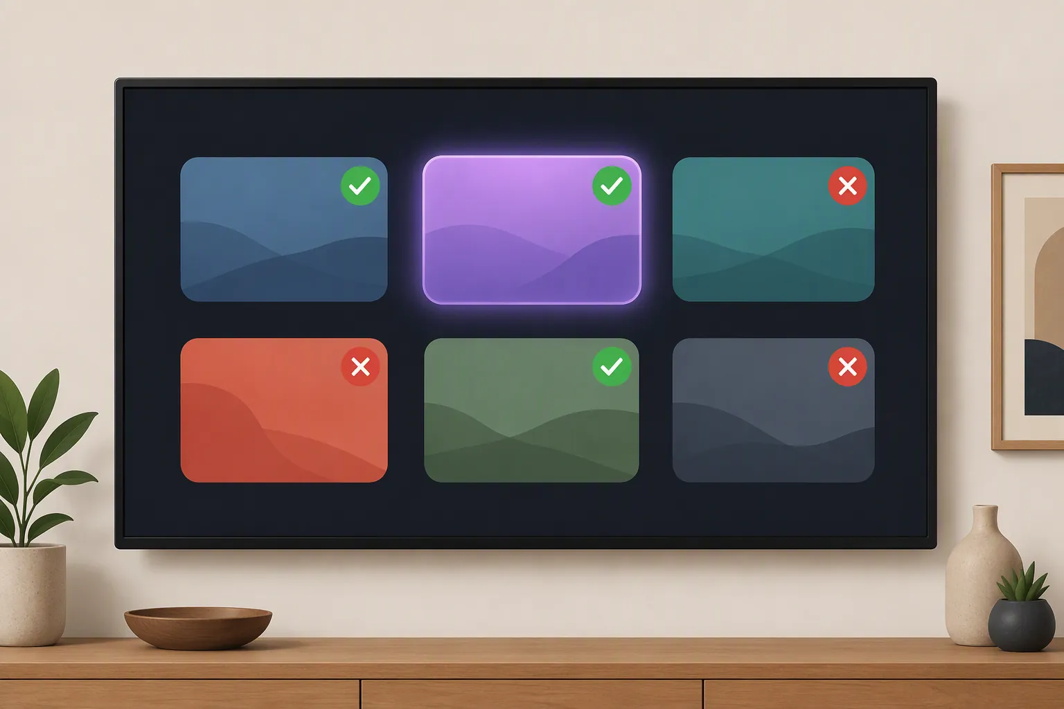 Streaming app tiles showing some plans with checkmarks and others with red X marks