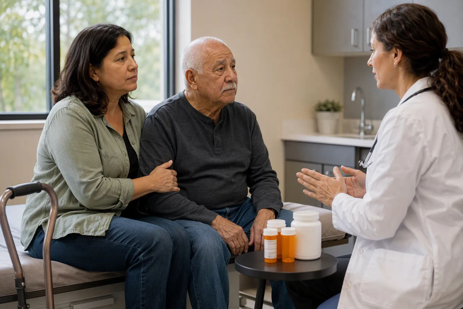 Adult daughter and elderly father meeting with a family physician beside pill bottles and a cane