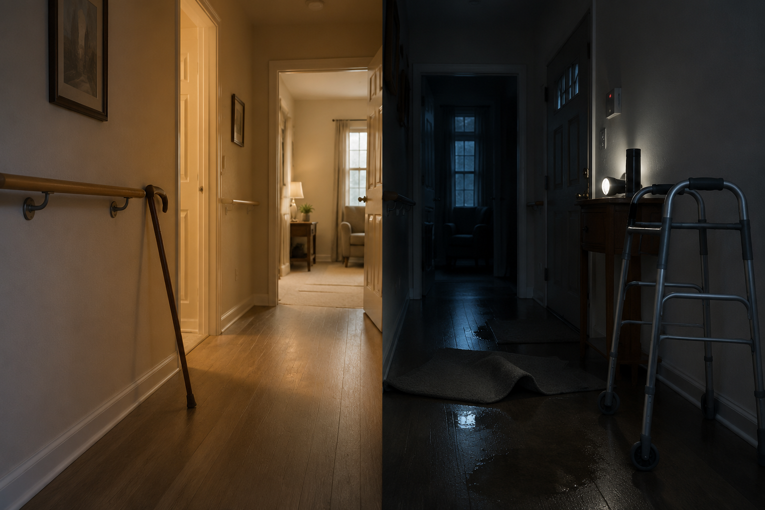 Split-view hallway showing a normal safe route beside the same route made hazardous by dim lighting, a wet floor, a bunched rug, and a misplaced flashlight