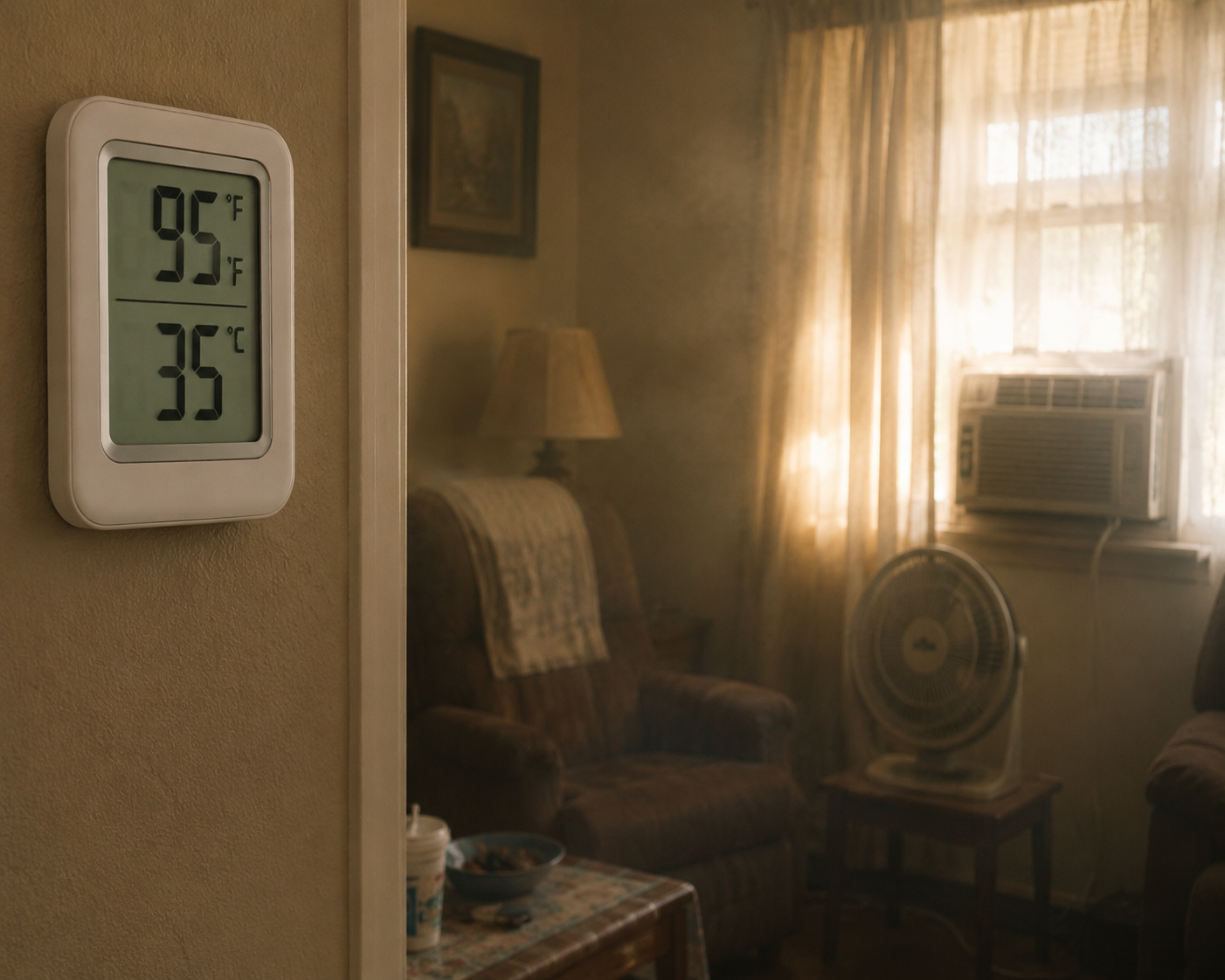 Indoor thermometer reading 95 degrees Fahrenheit beside an unplugged air conditioner