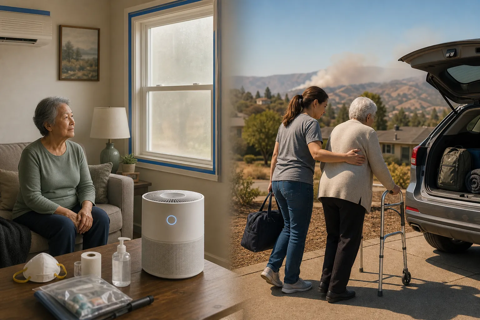 Split scene showing a senior sheltering in a clean room and a caregiver helping a senior evacuate with a walker