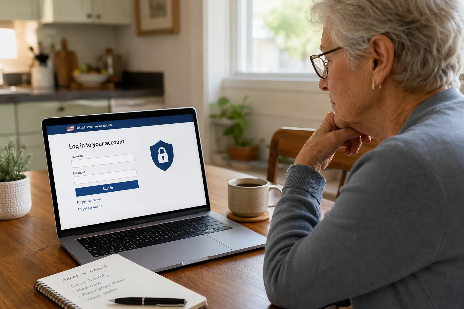 Older adult at a kitchen table using a laptop to sign in to a government website