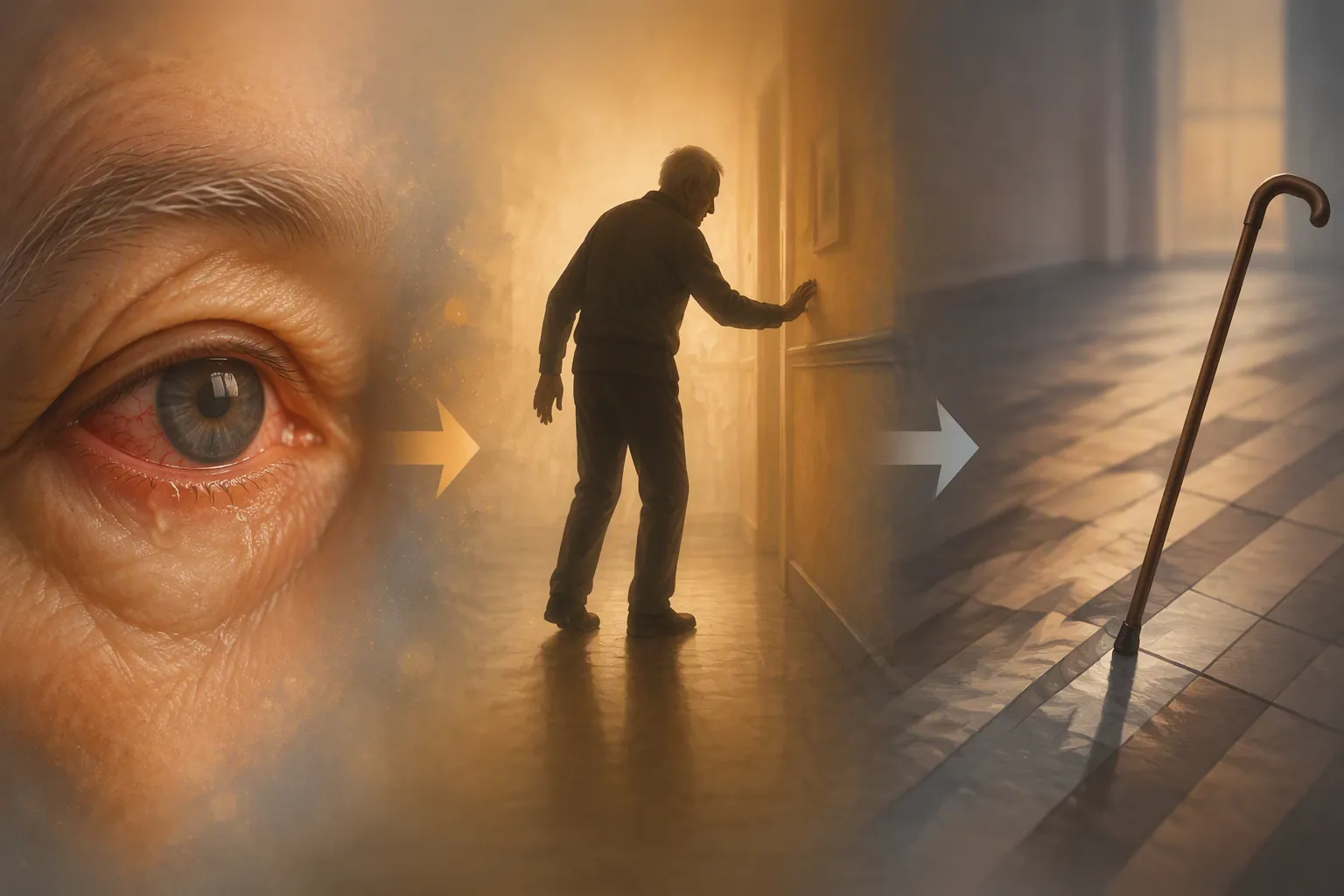 A senior with eye redness and balance difficulty, linking eye infection symptoms to fall risk